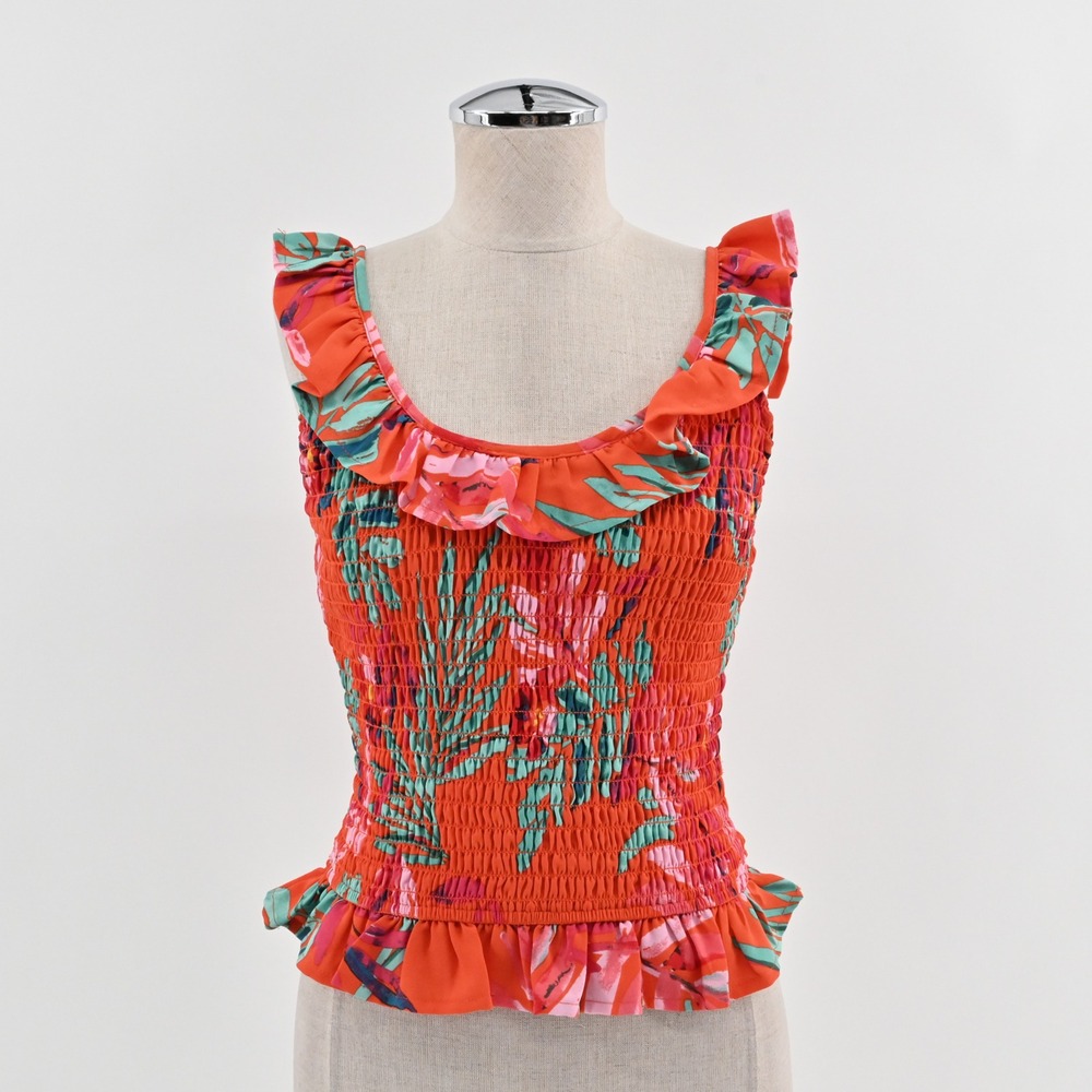 Sugar Lips Floral Smocked Ruffle Top Size S Tropical Vacation Sleeveless Orange
